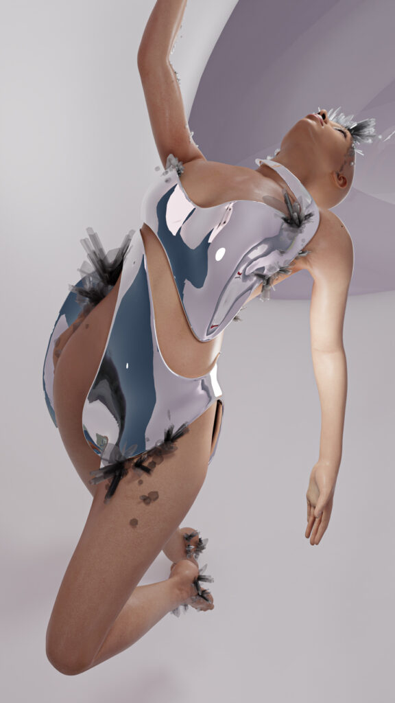 Digital rendering of LIMINAL DUALITY headpiece in suspended motion, showcasing fluid sculptural forms blending futurism and stillness 4