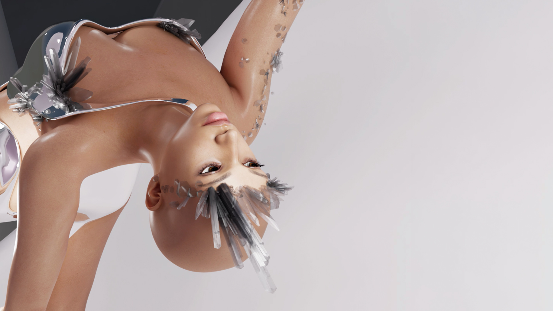 Digital rendering of LIMINAL DUALITY headpiece in suspended motion, showcasing fluid sculptural forms blending futurism and stillness2
